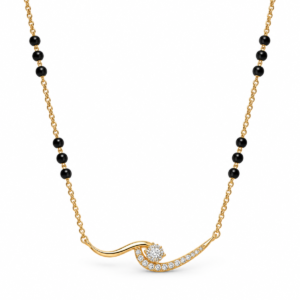 18K Gold Swirl Lab Grown Diamond Mangalsutra with 1.24 Carat E-F Colour VS1 Clarity Diamonds, Elegant Swirl Design and Traditional Black Beads
