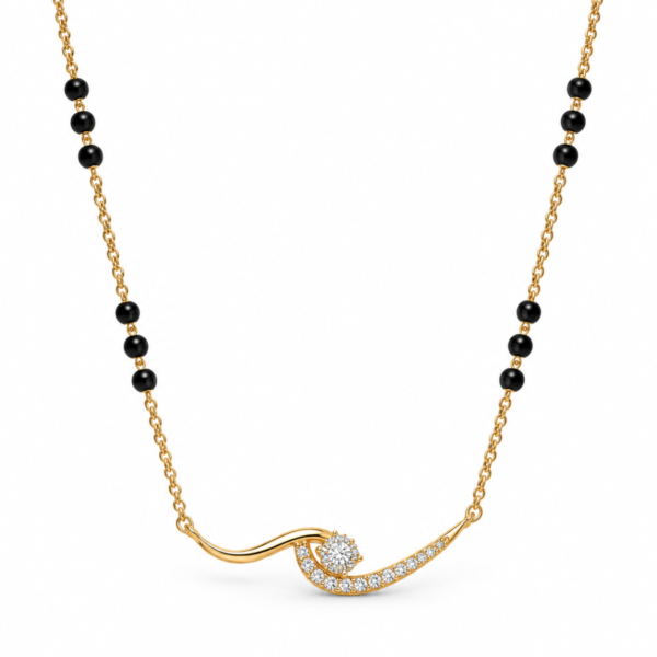 18K Gold Swirl Lab Grown Diamond Mangalsutra with 1.24 Carat E-F Colour VS1 Clarity Diamonds, Elegant Swirl Design and Traditional Black Beads