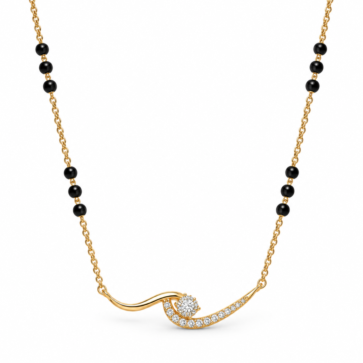 18K Gold Swirl Lab Grown Diamond Mangalsutra 18K Gold Swirl Lab Grown Diamond Mangalsutra with 1.24 Carat E-F Colour VS1 Clarity Diamonds, Elegant Swirl Design and Traditional Black Beads