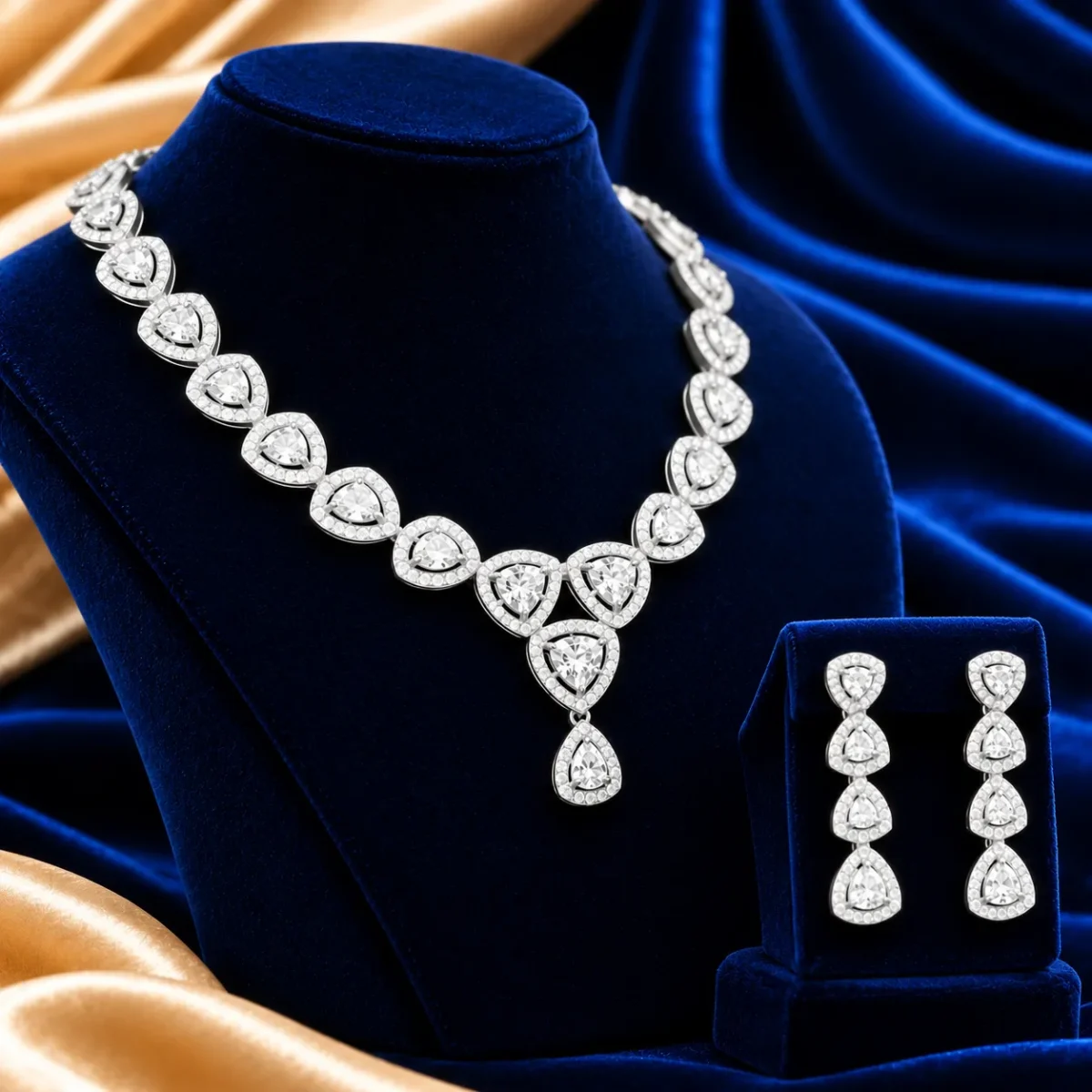 18K Gold Trillion Cut Lab Grown Diamond Halo Necklace Set with Matching Earrings - Image 4