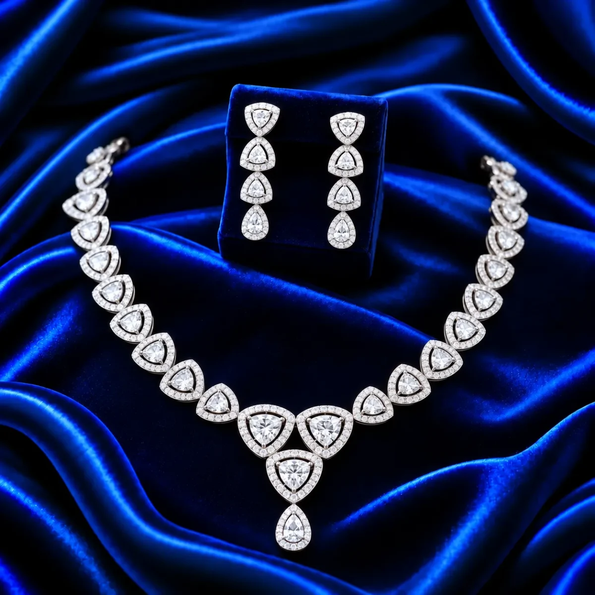 18K Gold Trillion Cut Lab Grown Diamond Halo Necklace Set with Matching Earrings - Image 2