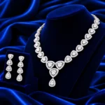 18K Gold Trillion Cut Lab Grown Diamond Halo Necklace Set with Matching Earrings - Image 3