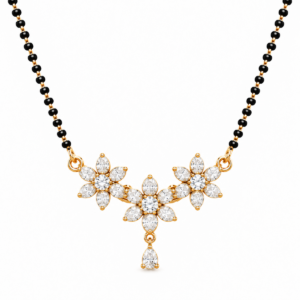 18K Gold Triple Blossom Lab Grown Diamond Mangalsutra featuring an elegant three-flower diamond centrepiece with traditional black mangalsutra beads.