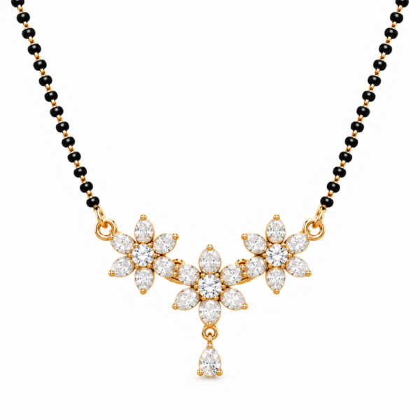 18K Gold Triple Blossom Lab Grown Diamond Mangalsutra featuring an elegant three-flower diamond centrepiece with traditional black mangalsutra beads.