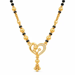 18K gold tulip heart lab grown diamond mangalsutra with black beads and hanging gold charms