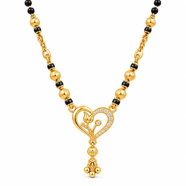 18K gold tulip heart lab grown diamond mangalsutra with black beads and hanging gold charms