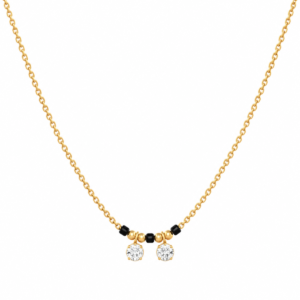 18K Gold Twin Round Lab Grown Diamond Mangalsutra for Women featuring an elegant dual round diamond centrepiece, polished gold detailing and traditional black mangalsutra beads.