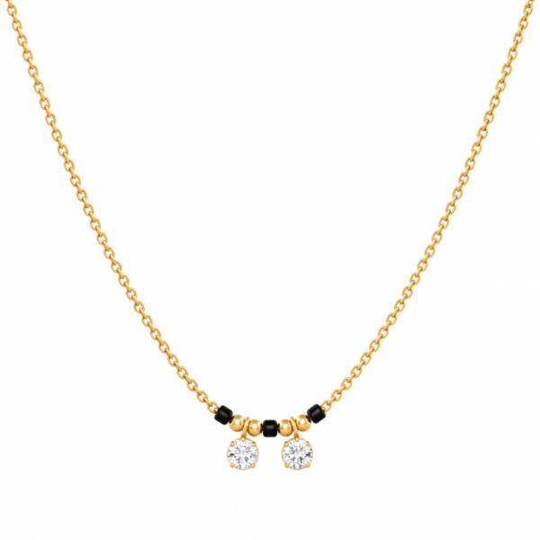 18K Gold Twin Round Lab Grown Diamond Mangalsutra for Women featuring an elegant dual round diamond centrepiece, polished gold detailing and traditional black mangalsutra beads.