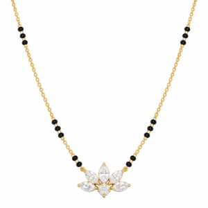 18K Gold Lotus Petal Lab Grown Diamond Mangalsutra with 0.55 Carat E-F Colour VS1 Clarity Diamonds and Traditional Black Beads