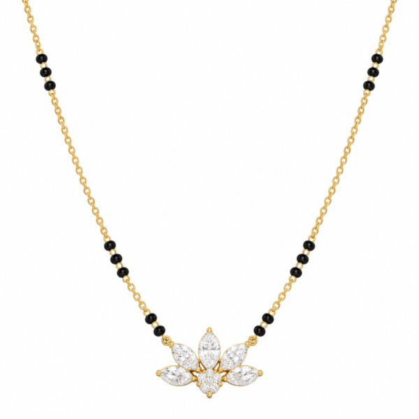 18K Gold Lotus Petal Lab Grown Diamond Mangalsutra with 0.55 Carat E-F Colour VS1 Clarity Diamonds and Traditional Black Beads