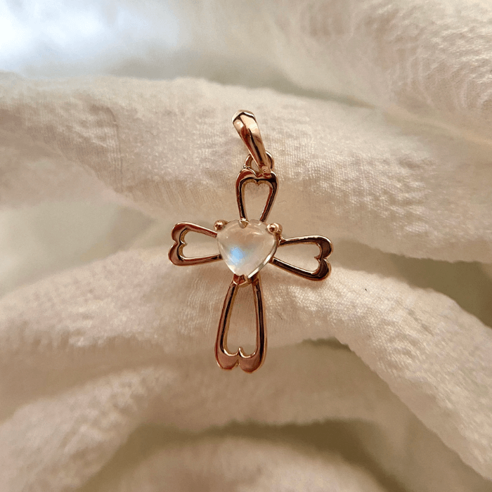 2-129.png Cabochon Rainbow Moonstone Cross Pendant - Image 1