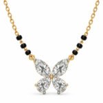 Four petal lab grown diamond mangalsutra for women with pear-shaped diamond floral pendant and black beads
