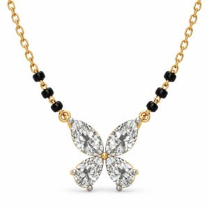 Four petal lab grown diamond mangalsutra for women with pear-shaped diamond floral pendant and black beads
