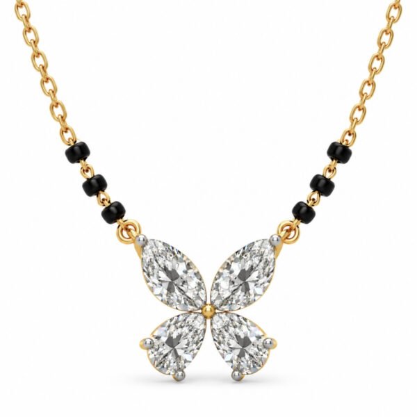 Four petal lab grown diamond mangalsutra for women with pear-shaped diamond floral pendant and black beads