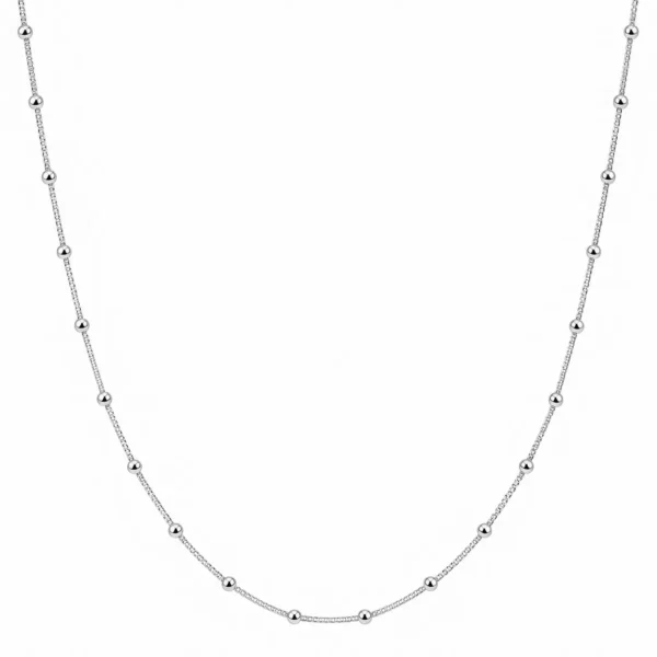 925 Sterling Silver Hallmarked Round Bead Station Chain for Women with Polished Silver Beads on White Background