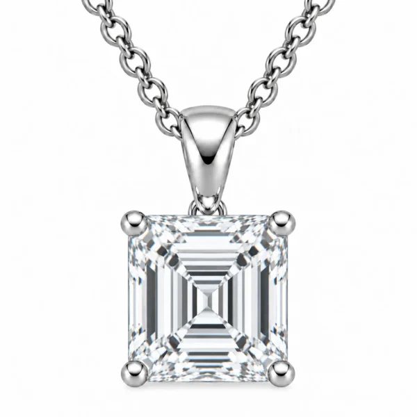 925 Sterling Silver Square Emerald Cut Solitaire Moissanite Pendant for Women with Four-Prong Setting