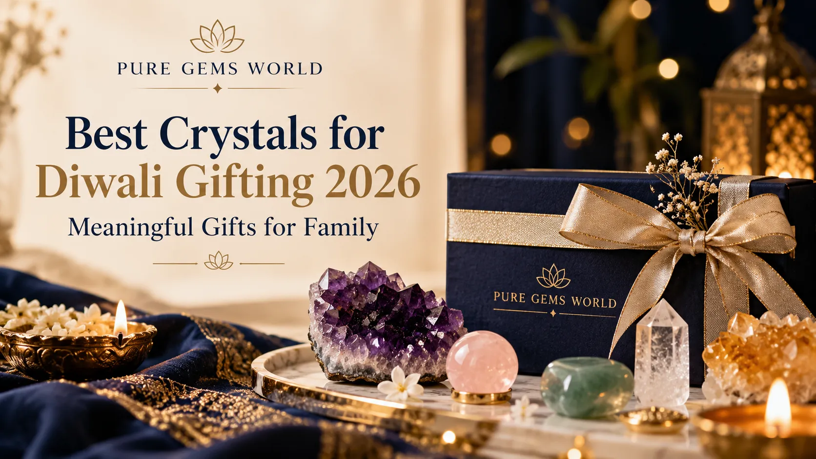 Best Crystals for Diwali Gifting 2026 featuring Amethyst, Rose Quartz, Citrine and Clear Quartz with festive gift packaging by Pure Gems World.