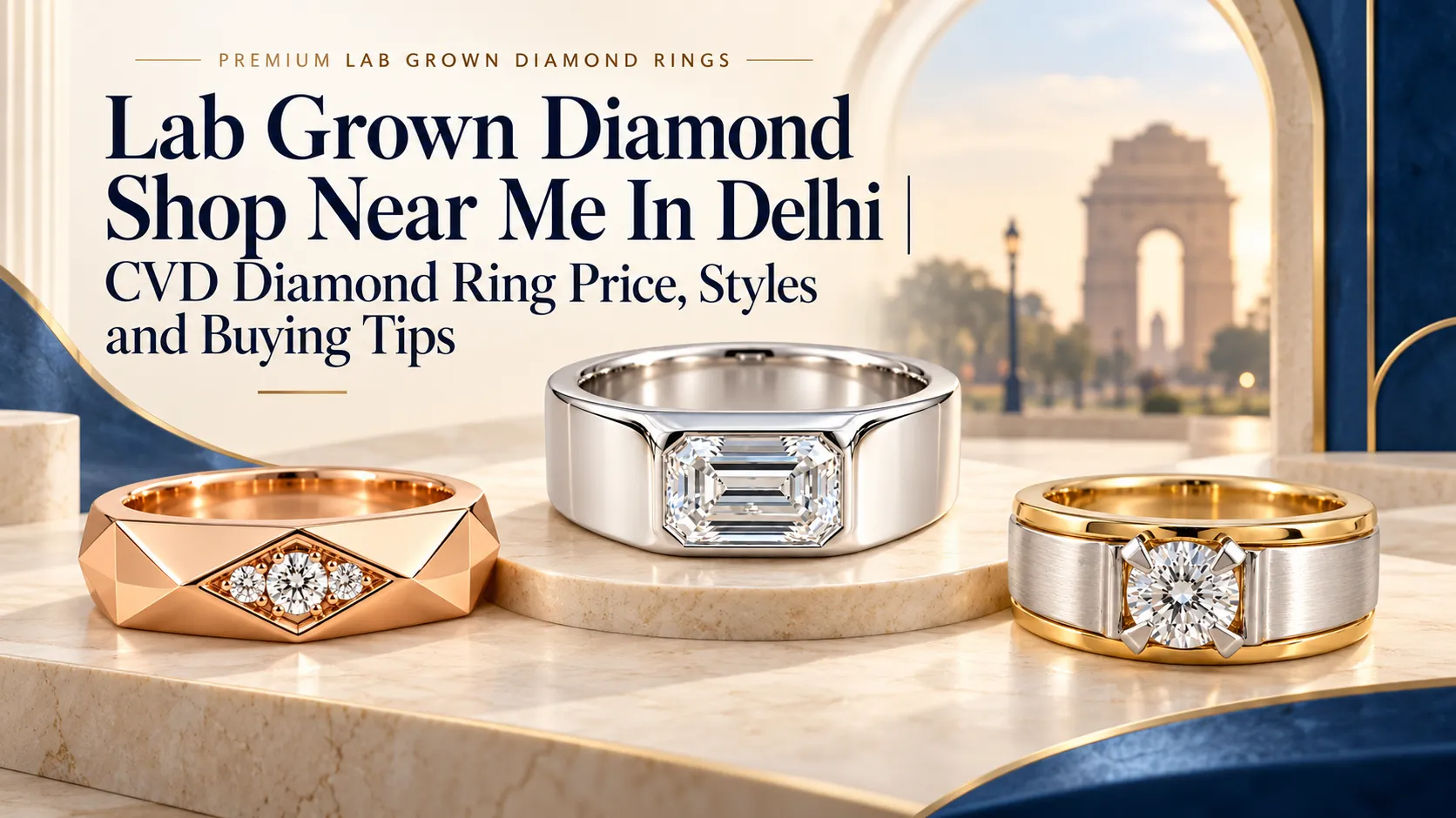 Lab grown diamond shop in Delhi featuring CVD diamond rings in rose gold, white gold and yellow gold at Pure Gems World. Copy