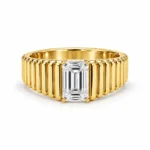 Front view of Bold Heritage Lab Grown Diamond Gold Ring with rectangular emerald cut solitaire diamond and wide ribbed yellow gold band.