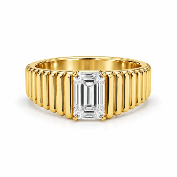 Front view of Bold Heritage Lab Grown Diamond Gold Ring with rectangular emerald cut solitaire diamond and wide ribbed yellow gold band.
