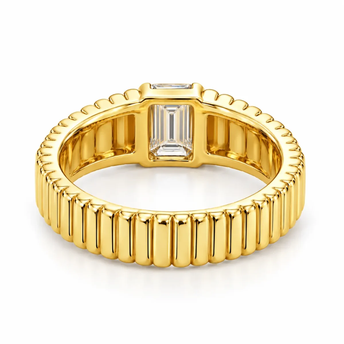 Back view of Bold Heritage Lab Grown Diamond Gold Ring showing the ribbed yellow gold band and underside of emerald cut diamond setting.