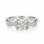 Front view of Bow Moissanite 925 Sterling Silver Ring showcasing a round solitaire, symmetrical bow design and sparkling side stones.