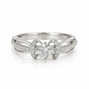 Front view of Bow Moissanite 925 Sterling Silver Ring showcasing a round solitaire, symmetrical bow design and sparkling side stones.