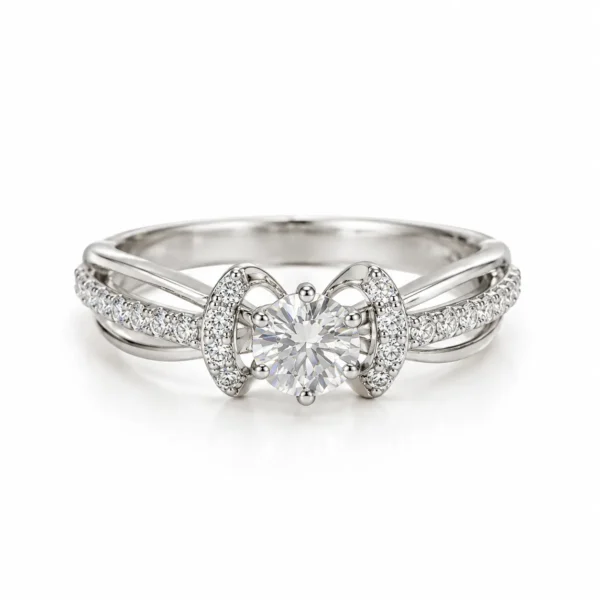 Front view of Bow Moissanite 925 Sterling Silver Ring showcasing a round solitaire, symmetrical bow design and sparkling side stones.