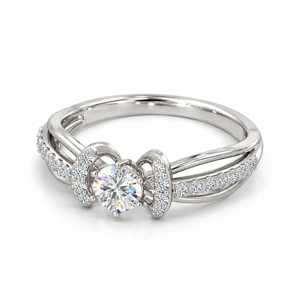 Angled side view of Bow Moissanite 925 Sterling Silver Ring featuring a round centre stone and curved pavé side detailing.