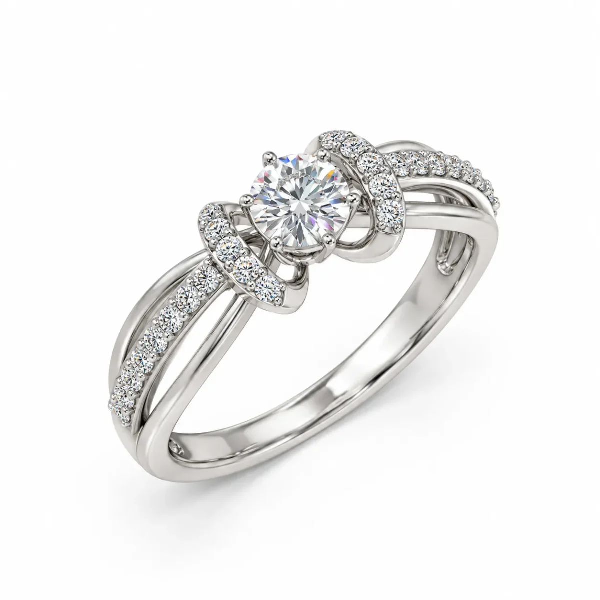 Three-quarter front view of Bow Moissanite 925 Sterling Silver Ring with round solitaire and subtle rainbow sparkle.