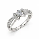 Three-quarter front view of Bow Moissanite 925 Sterling Silver Ring with round solitaire and subtle rainbow sparkle.