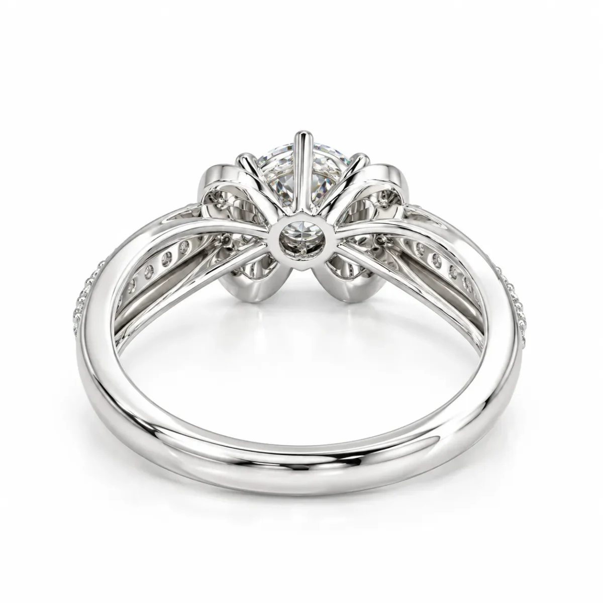 Back view of Bow Moissanite 925 Sterling Silver Ring showing detailed silver setting, open gallery and split-band structure.