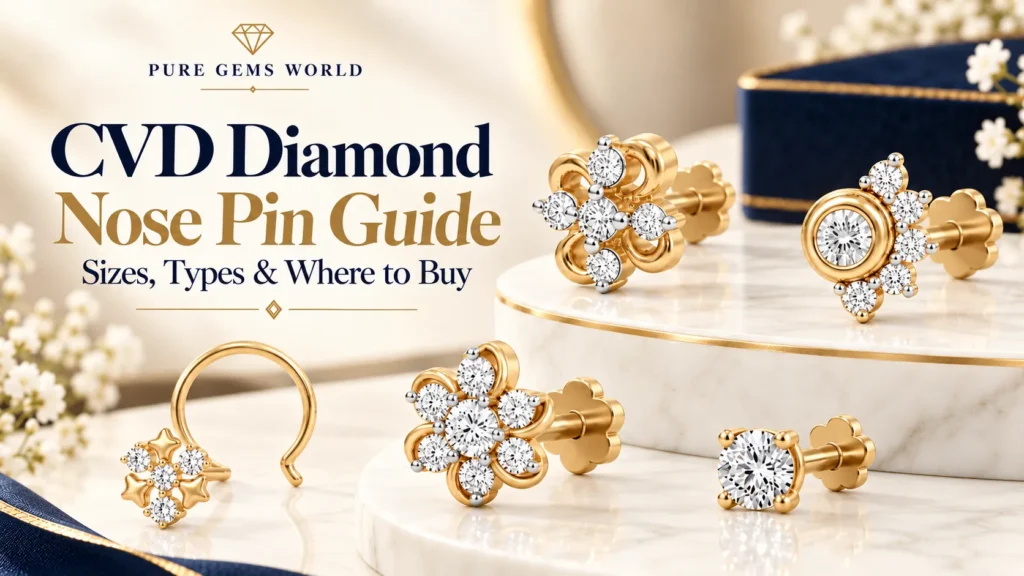 CVD Diamond Nose Pin Guide featuring gold solitaire, floral diamond nose pins and nose rings in different designs at Pure Gems World.