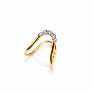 Front view of Celestial Wave Diamond Gold Ring featuring five sparkling round diamonds arranged along an elegant curved yellow gold wave band.