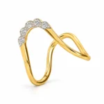 Opposite side angle of Celestial Wave Diamond Gold Ring showing five round diamonds in a curved scalloped setting and a polished yellow gold band.