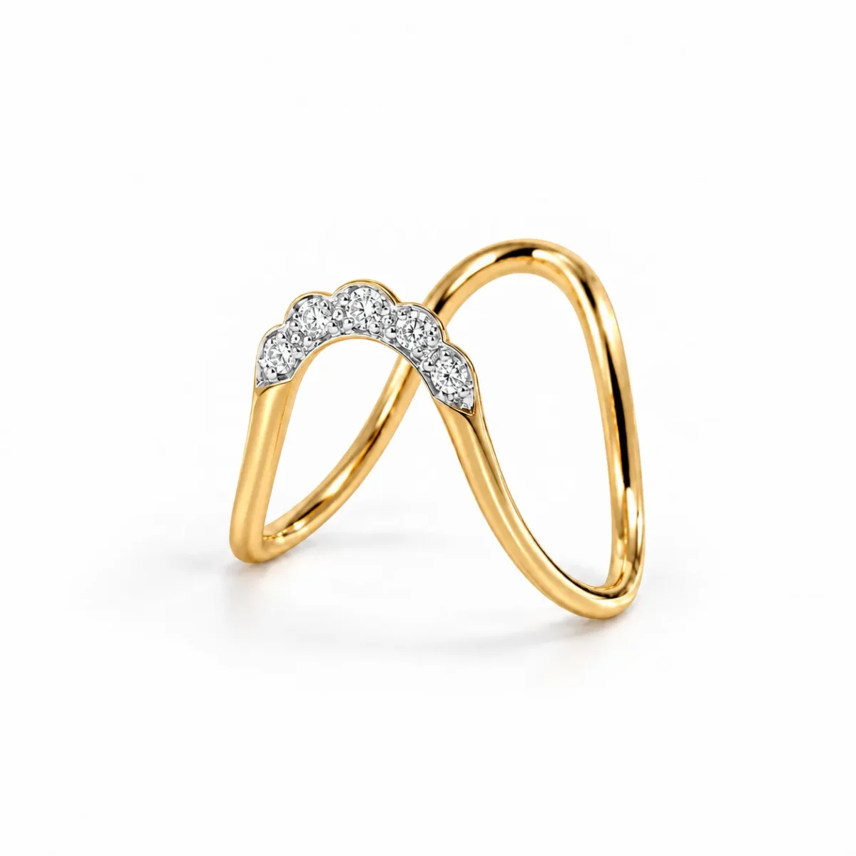 Celestial Wave Diamond Gold Ring for women featuring an elegant curved yellow gold band with five sparkling round diamonds on a white background.