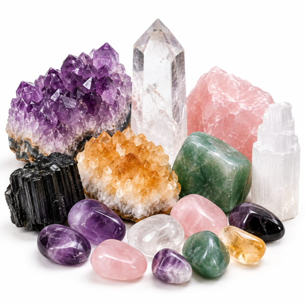 Natural healing crystals collection featuring Amethyst, Rose Quartz, Clear Quartz, Citrine, Green Aventurine, Black Tourmaline and Selenite on a white background.