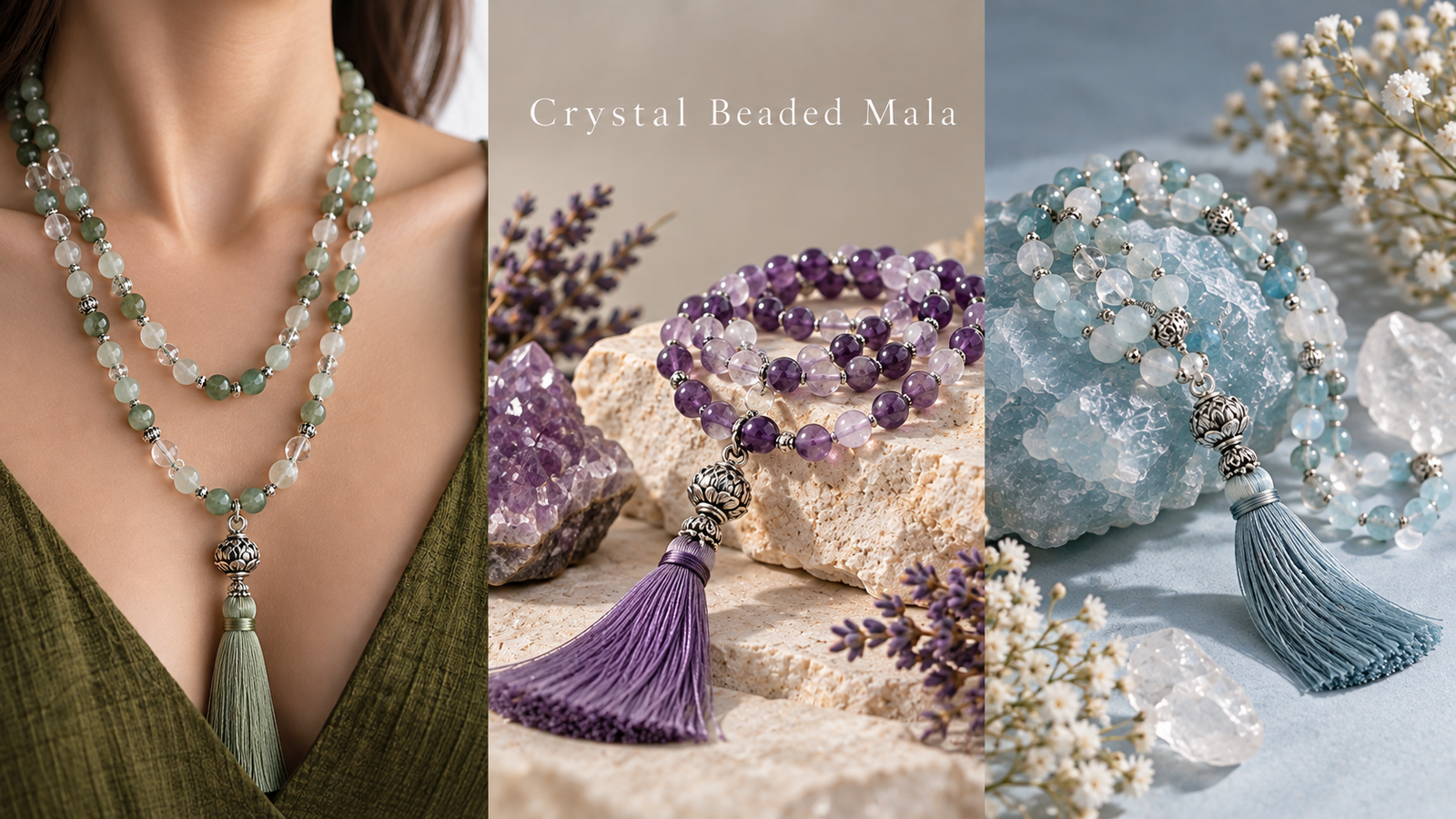 Natural Crystal Mala collection featuring colourful gemstone bead malas for meditation, spiritual practices and everyday jewellery at Pure Gems World.