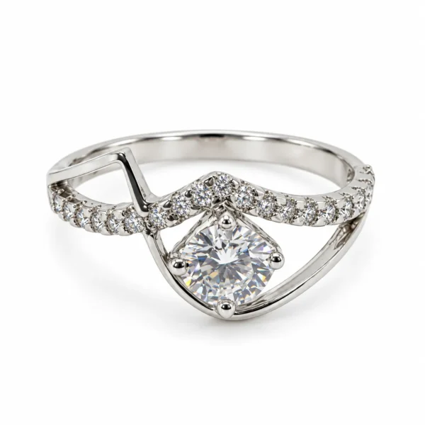 Front view of Diamond Dew Moissanite 925 Sterling Silver Ring with round-cut centre Moissanite and curved stone-studded band.
