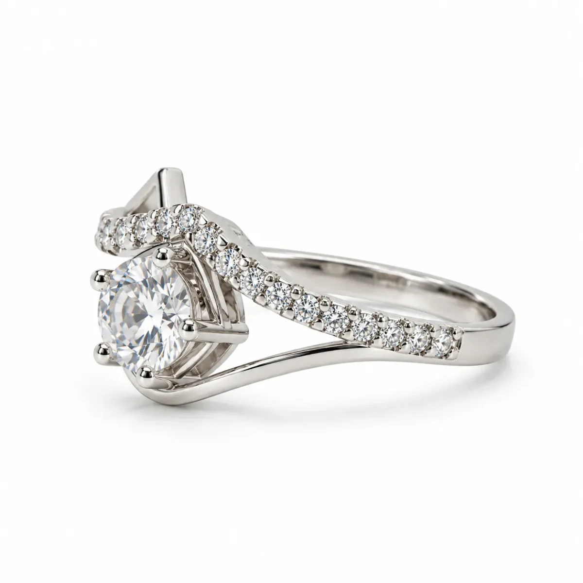 Angled view of Diamond Dew Moissanite 925 Sterling Silver Ring showing its prong-set centre stone and curved silver band.