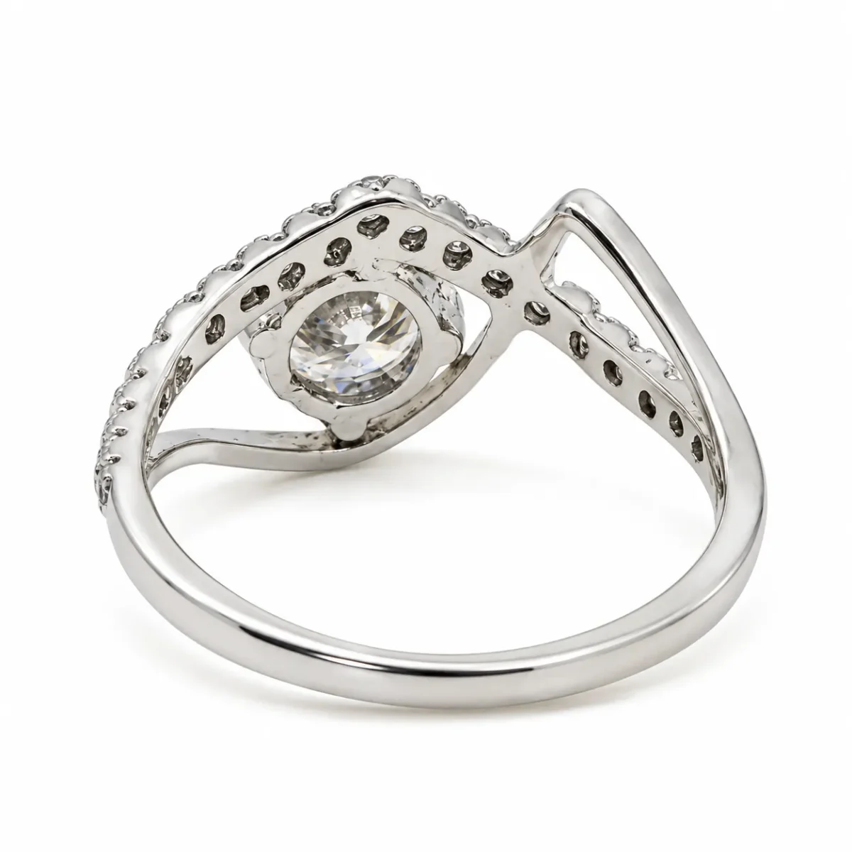 Back view of Diamond Dew Moissanite 925 Sterling Silver Ring showing its open setting and polished silver band.
