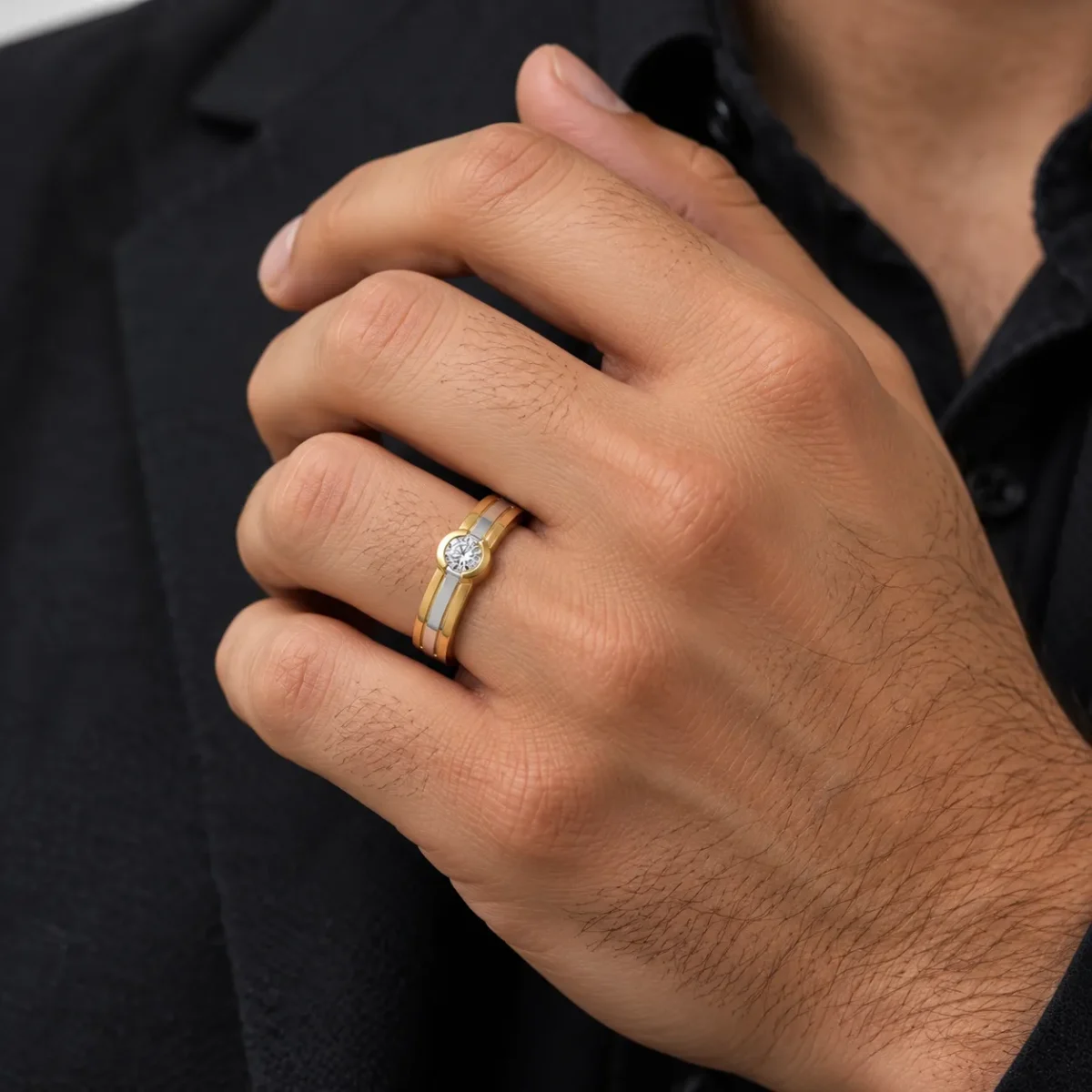 Man Wearing 18K Gold Dual Tone Solitaire Lab Grown Diamond Ring