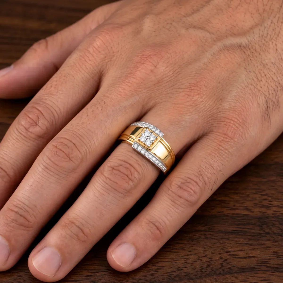 Elite Square Lab Grown Diamond Gold Ring for Men on hand