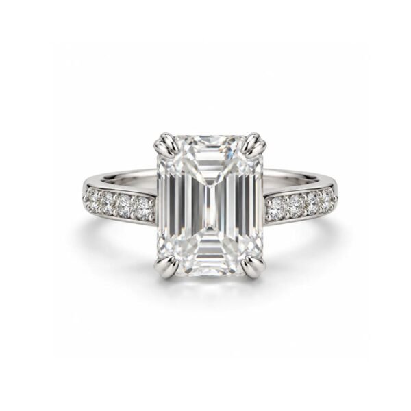 Emerald Radiance Moissanite Diamond Ring in 925 Sterling Silver featuring a brilliant emerald cut centre stone and sparkling side stones front view.
