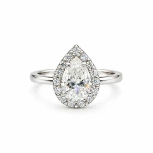 Front view of Eternal Glow Pear Cut Moissanite Diamond Ring in 925 Sterling Silver with sparkling pear-shaped centre stone and halo.