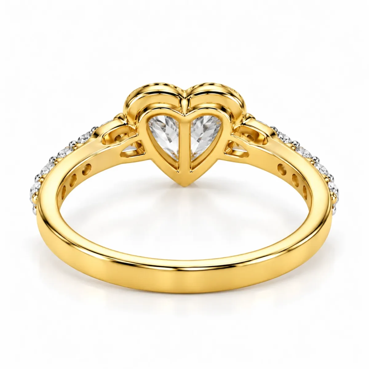 Back view of 18K gold heart cut lab grown diamond ring showing open heart gallery and diamond setting.