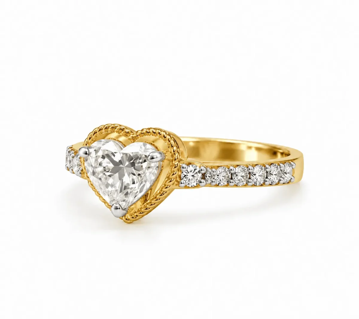 Eternal Love heart-shaped lab grown diamond ring in gold with pavé diamond band, side angle view.