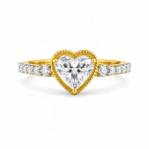 18K gold heart cut lab grown diamond ring with decorative heart setting and sparkling side diamonds, front view.