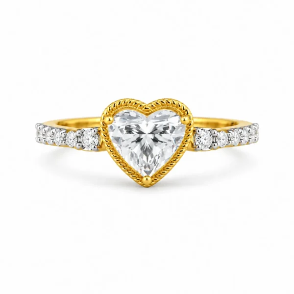 18K gold heart cut lab grown diamond ring with decorative heart setting and sparkling side diamonds, front view.