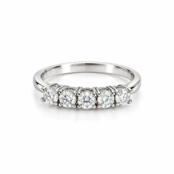 Front view of Five Wishes Moissanite Diamond Ring featuring five sparkling round brilliant-cut Moissanite stones arranged in a polished silver-tone band.